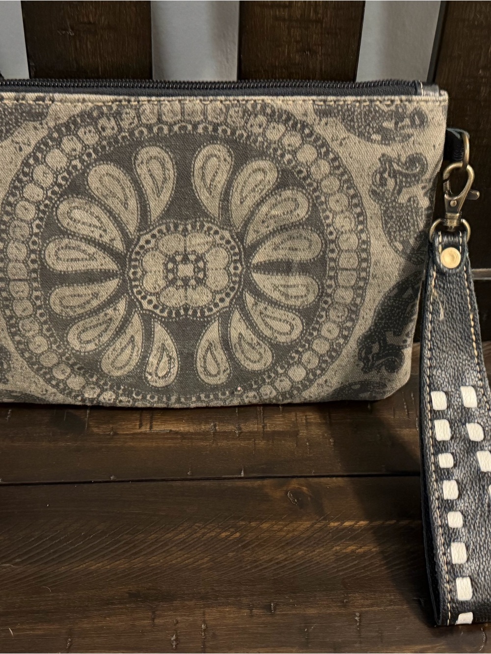 Myra Bag Gray and Cream Paisley Wristlet Clutch